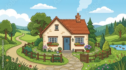 A rural wooden cottage on a forested hill surrounded by trees, grass, and countryside landscape under a blue sky