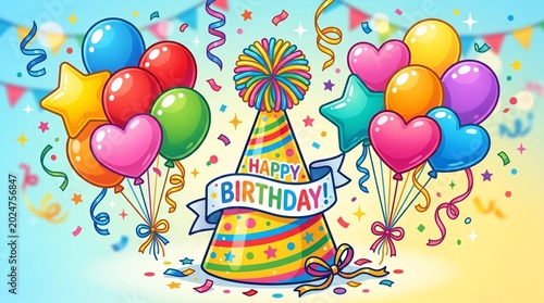 Happy birthday card featuring a festive vector illustration of colorful balloons and bright confetti for a fun holiday party celebration design