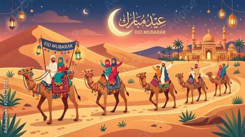 Three wise men with camels travel in a caravan across the desert under a night sky with the Bethlehem star in this Christmas nativity illustration
