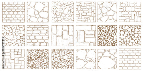 Cuadro en lienzo Hand drawn stone wall and brickwork seamless pattern textures collection in outline sketch style vector illustration