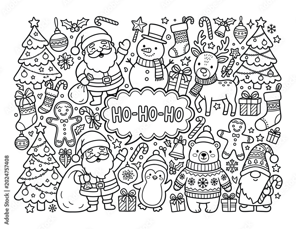 Obraz premium Christmas festive holiday doodle collection with cheerful winter characters coloring page artwork