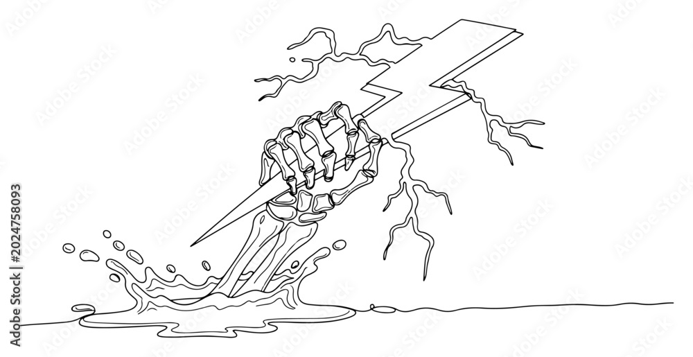 Fototapeta premium Bony skeleton hand clutching electric lightning bolt hitting water surface in line art style