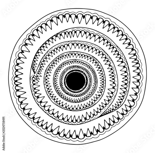 Foto Hypnotic circular mandala pattern made of concentric rings of sharp teeth and sh