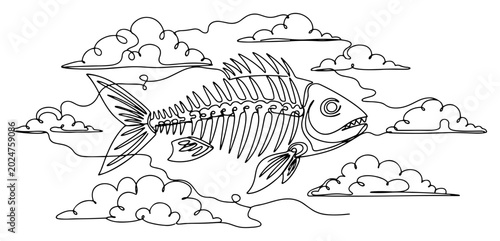 Fotografie Fish skeleton swimming through clouds in surrealist line art style
