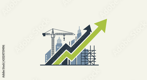 Construction growth chart with crane and city skyline, business concept illustration.