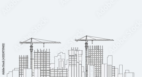 Modern Cityscape Construction Site with Cranes and Buildings Sketch