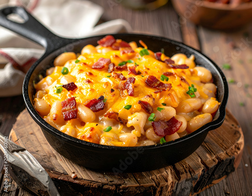 Cast iron skillet of cheesy baked beans with bacon and green onions on wood