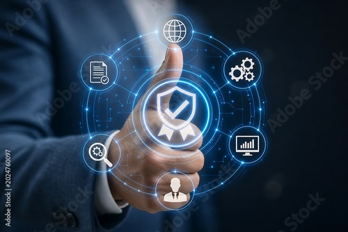 Businessman gives a thumbs-up gesture surrounded by a digital circle of icons representing quality, efficiency, and business processes