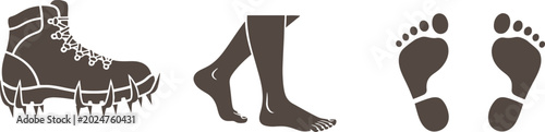 Foto Hiking boot with ice crampons and bare human feet silhouette footprints side and top view vector illustration