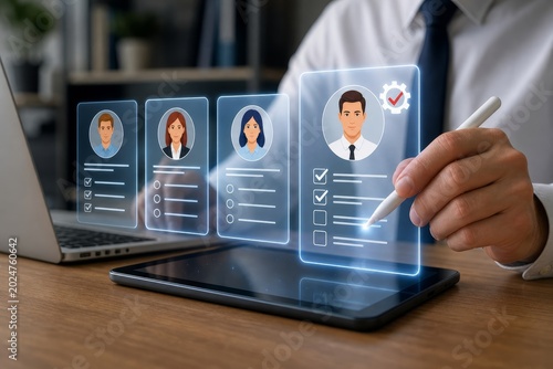 Manager reviewing employee profiles on a digital interface for recruitment or performance evaluation, selecting the best candidate