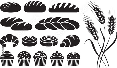 Foto Black and white bakery breads and pastries vector set