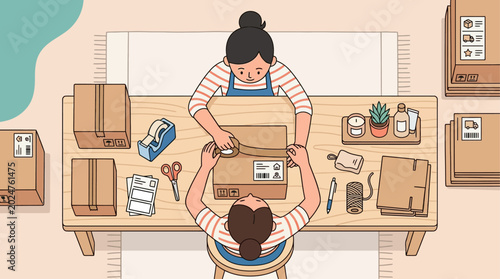 Two women working together packing boxes.