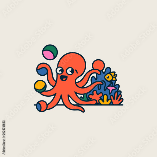 Bilde på lerret Octopus Juggling Colorful Balls Underwater
