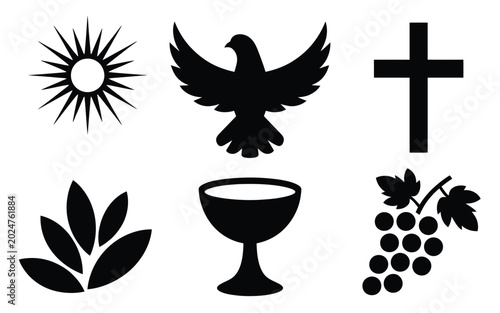 Schilderij op canvas Set of black silhouette religious celebration icons including cross dove chalice