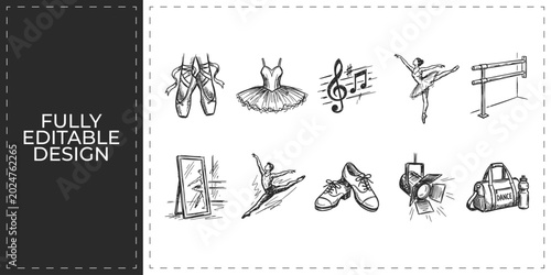 Foto Hand drawn performing arts and ballet dance icons with shoes tutu and stage symb