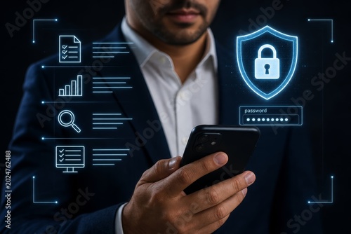 Man holds a smartphone, with digital icons for security, passwords, and data protection appearing around a shield icon.