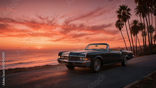 Vintage Convertible Car on Coastal Highway at Sunset