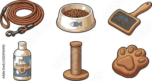 Bild auf Leinwand Pet supplies set including leash, food bowl, shampoo, toy, and paw