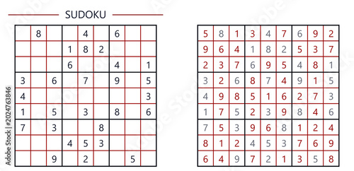 Foto Sudoku puzzle with incomplete grid and completed solution