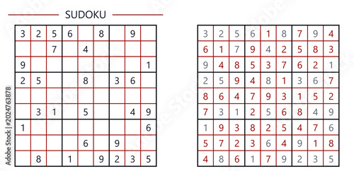 Foto Sudoku puzzle with numbers and grid layout in black and red
