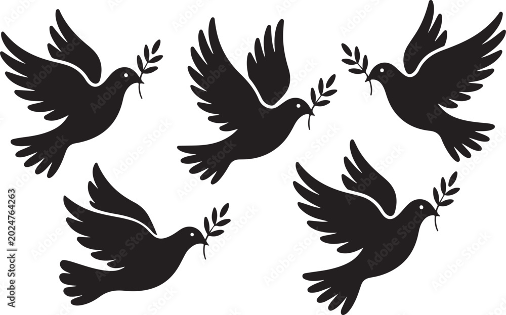 Fototapeta premium Four doves flying with olive branches