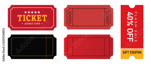 Vintage-style paper ticket icon set with blank old cinema and lottery coupons for event admission. Vector transparent background.