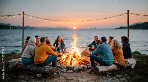 Group gathers around warm fire by lakeside at dusk.