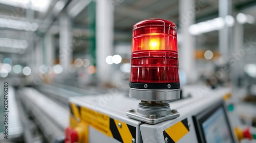 Red warning light glows brightly on industrial machinery.