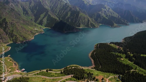 Tianchi Lake in Xinjiang China with forested Tianshan mountains in Tianchi Lake, Xinjiang, China