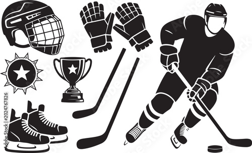 Canvas Print Ice hockey player in action with gear and trophies