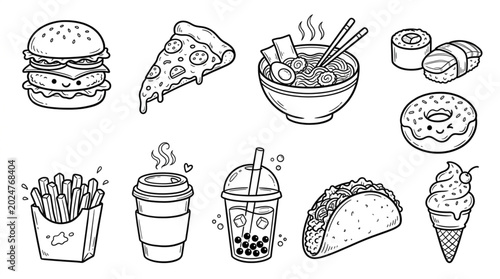 Collection of Hand Drawn Fast Food and Drinks Icons.