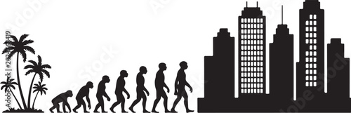 Fotografía Evolution of humans from primitive to modern with city skyline