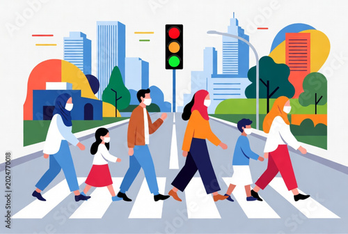 Foto Diverse group of pedestrians crossing urban street at traffic light with city sk