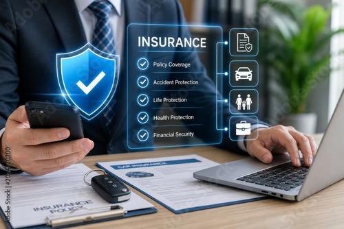 Businessman holds a smartphone and points to a digital insurance dashboard with icons for policy, car, family, and financial security.