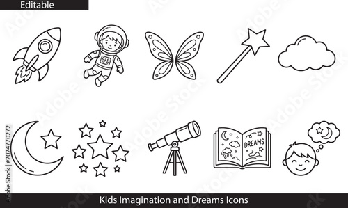 Kids imagination and dreams illustration icons set Vector