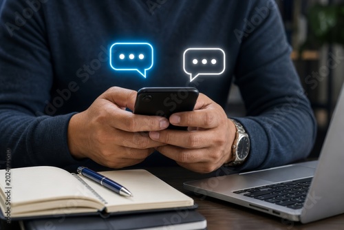 Person uses a smartphone with glowing chat bubbles, representing digital communication, messaging, and online conversations.