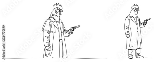 Fotografía Rooster headed outlaw wearing long coat and holding revolver in minimalist conti