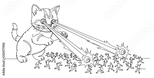 Obraz na płótnie Giant cat shooting laser beams from eyes at tiny people running away line art
