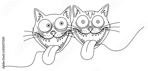 Cuadro en lienzo Two funny cat heads with tongues out and wide eyes minimalist continuous line ar