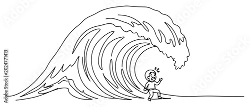 Bild auf Leinwand Small man running away from giant ocean wave in continuous one line drawing styl