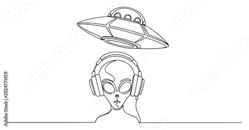 Foto Alien wearing headphones with UFO flying saucer above head in continuous one lin