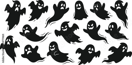 Cuadro en lienzo Collection of various black ghost silhouettes on white background for halloween