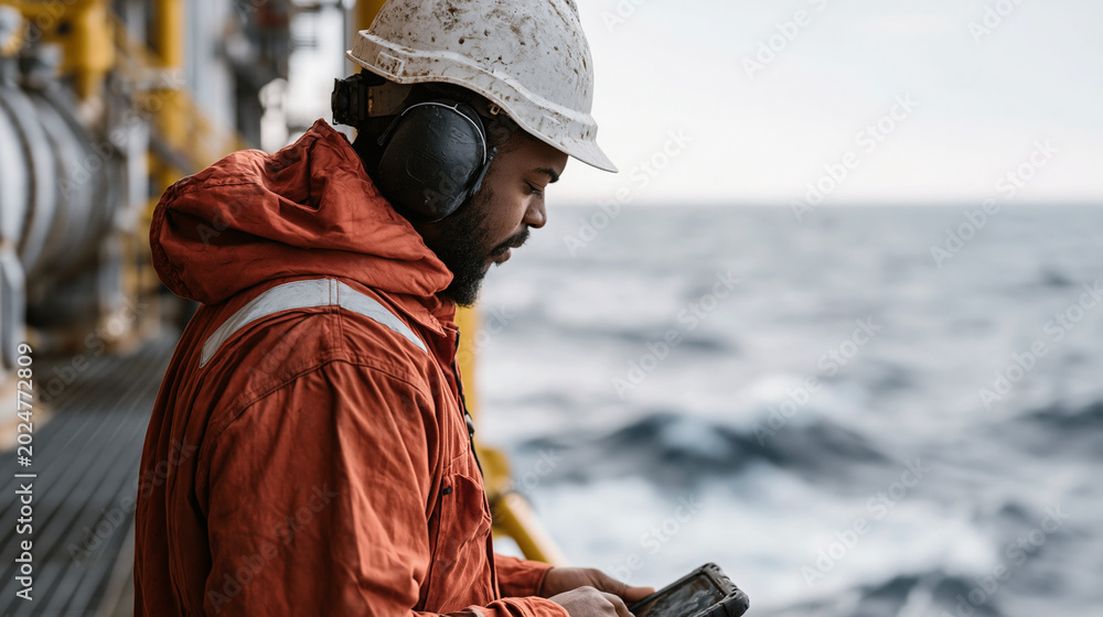 Fototapeta premium Vibration analysis field team at offshore platform performing condition monitoring survey on seawater lift pump skid, analyst recording data on ruggedized tablet, wave motion below grating, marine i
