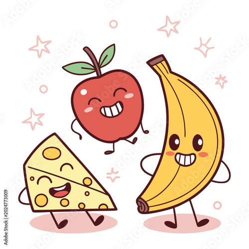 Billede på lærred Happy apple banana cheese characters dancing together with characters laughing i