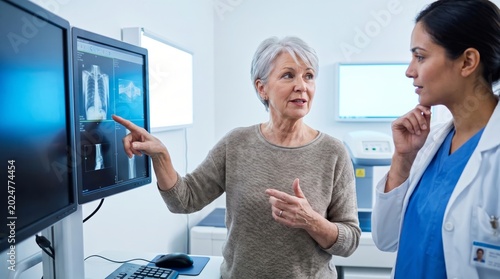 Doctor explaining chest X ray results to senior patient in medical clinic