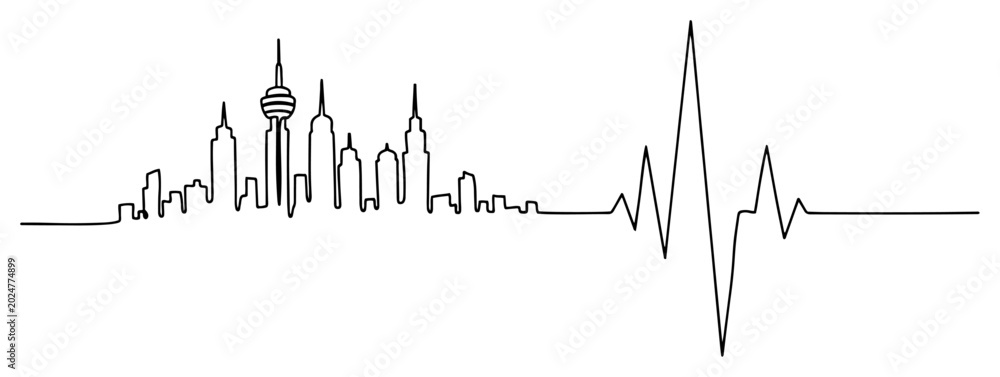 Obraz premium City skyline silhouette merging with heartbeat pulse line representing urban life in continuous line art style