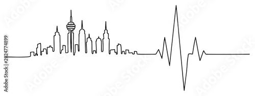 Canvas Print City skyline silhouette merging with heartbeat pulse line representing urban lif
