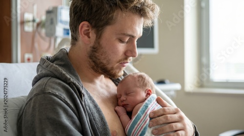 Father holding newborn baby in hospital room