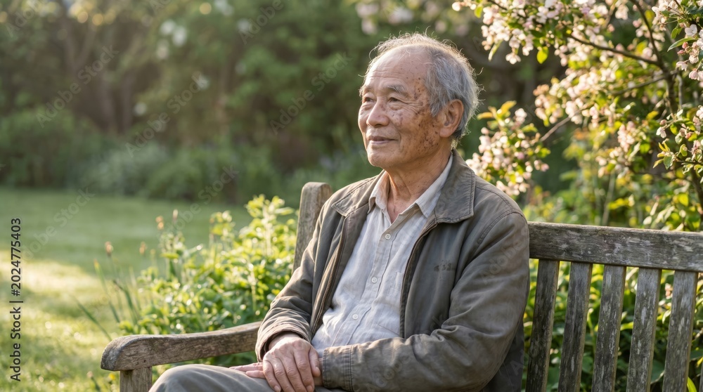 Fototapeta premium Senior man sitting on wooden bench in blooming garden