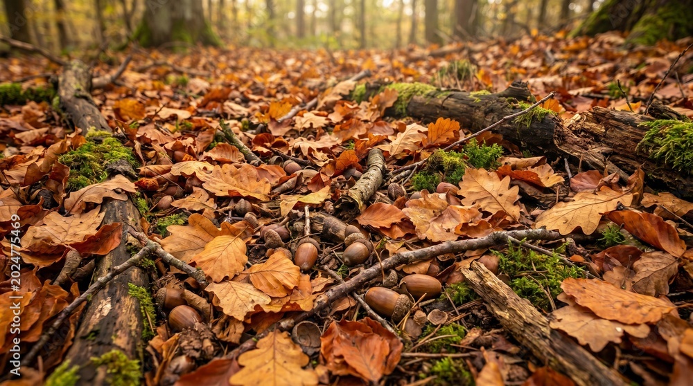 Obraz premium Vibrant autumn forest floor carpeted with fallen oak leaves and acorns, illuminated by soft, hazy sunlight